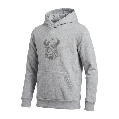Orangeville Northmen Youth Hoodie – Grey on Grey – Team Crest Pullover Sweatshirt – three-quarter left view