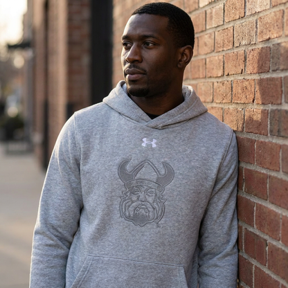 Orangeville Northmen Youth Hoodie – Grey on Grey – Team Crest Pullover Sweatshirt – on model