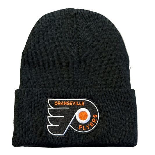 picture of black beanie hat with an orangeville flyers logo 