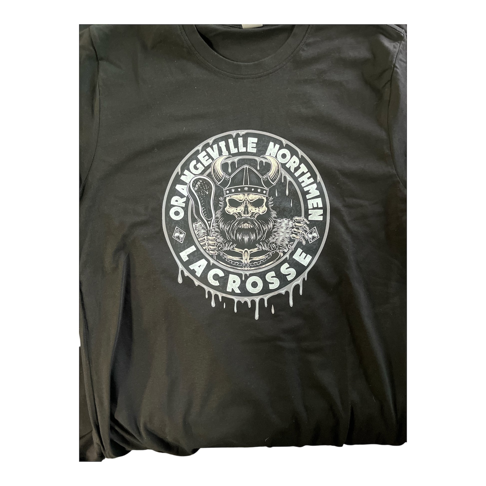 Black t-shirt with 'Orangeville Northmen Lacrosse' graphic design on a white background