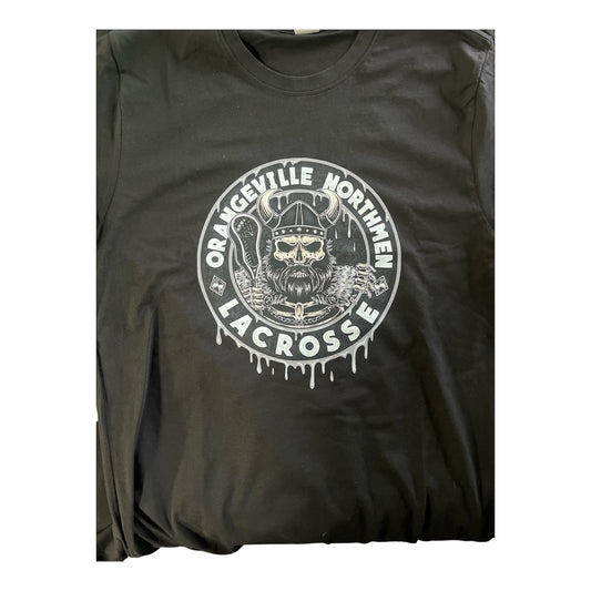 Black t-shirt with 'Orangeville Northmen Lacrosse' graphic design on a white background