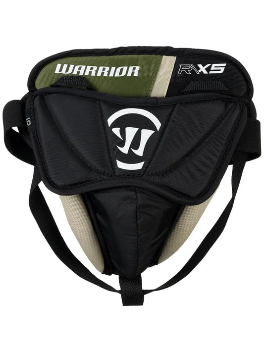 The Warrior Ritual X5 Junior Goalie Jock by Warrior offers black and green design, adjustable straps, and padding for superior goalie protection for juniors.