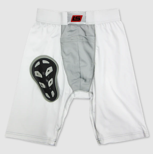 The SafeTgard Lowry Athletic Support/Jocks Boxer with Cup by SafeTgard features white compression shorts, a grey mesh pouch, removable left thigh protective cup, athletic supporter design, and a red and black LS logo on the waistband.