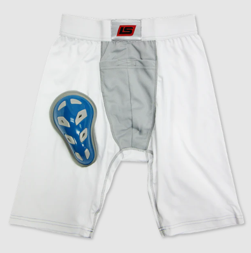 The SafeTgard Lowry Athletic Support/Jocks Boxer with Cup by SafeTgard features white compression shorts with a grey center panel and red logo, displayed with a blue and white protective cup placed over the left thigh area.