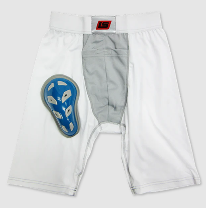The SafeTgard Lowry Athletic Support/Jocks Boxer with Cup by SafeTgard features white compression shorts with a grey center panel and red logo, displayed with a blue and white protective cup placed over the left thigh area.