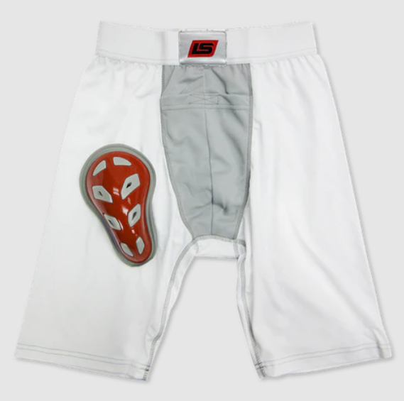 The SafeTgard Lowry Athletic Support/Jocks Boxer with Cup by SafeTgard features white compression shorts, a gray and red waistband, a gray cup pocket, and a red baseball sliding pad with white cleats graphic on the left thigh.