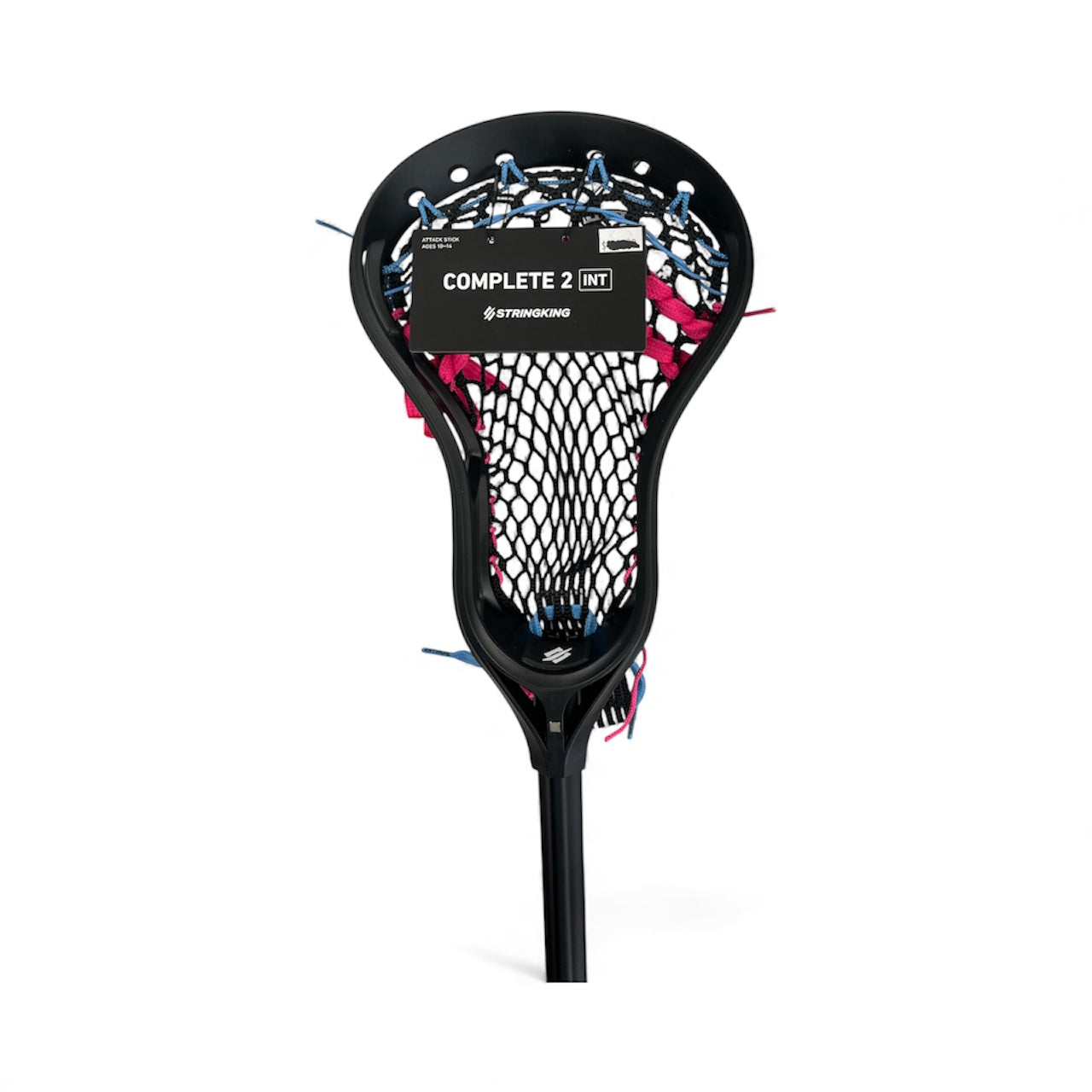 StringKing Complete 2 Intermediate lacrosse stick with black head and performance mesh pocket, front view