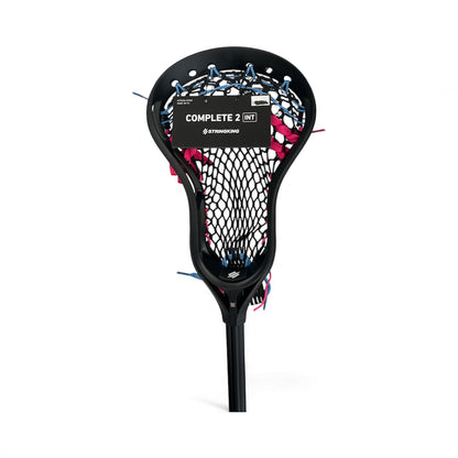 StringKing Complete 2 Intermediate lacrosse stick with black head and performance mesh pocket, front view