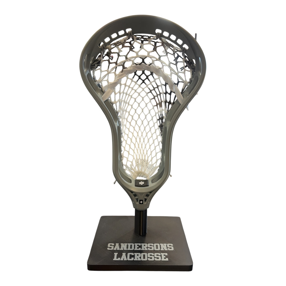StringKing Mark 3V Lacrosse Head in grey, custom strung by Sanderson Lacrosse with black, grey and white mesh – front view – Sanderson Lacrosse