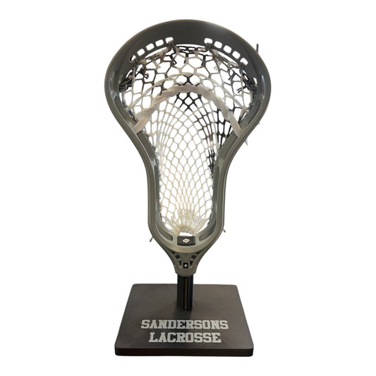 StringKing Mark 3V Lacrosse Head in grey, custom strung by Sanderson Lacrosse with black, grey and white mesh – front view – Sanderson Lacrosse