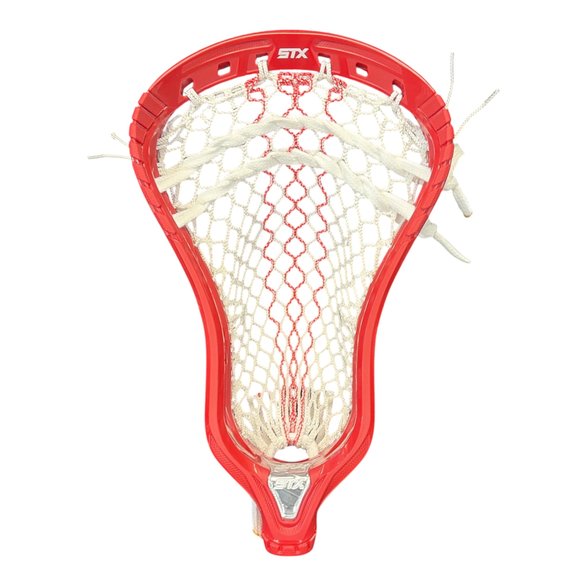 STX Hammer 2K lacrosse head in red, pre-strung with StringKing Type 5X Tracer mesh, for field defense and LSM