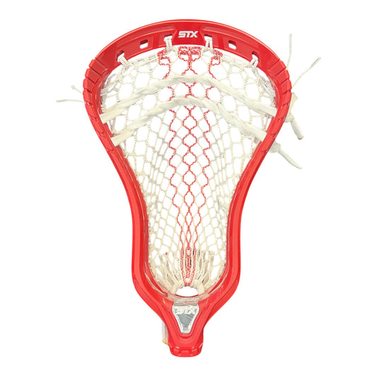 STX Hammer 2K lacrosse head in red, pre-strung with StringKing Type 5X Tracer mesh, for field defense and LSM