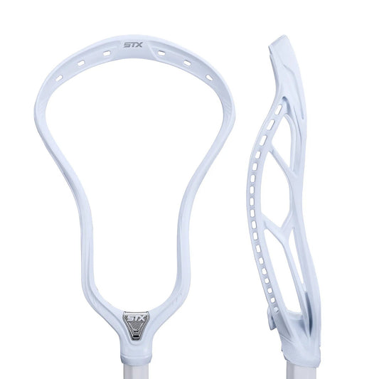 STX Stallion 2K unstrung lacrosse head in white, front and side views on white