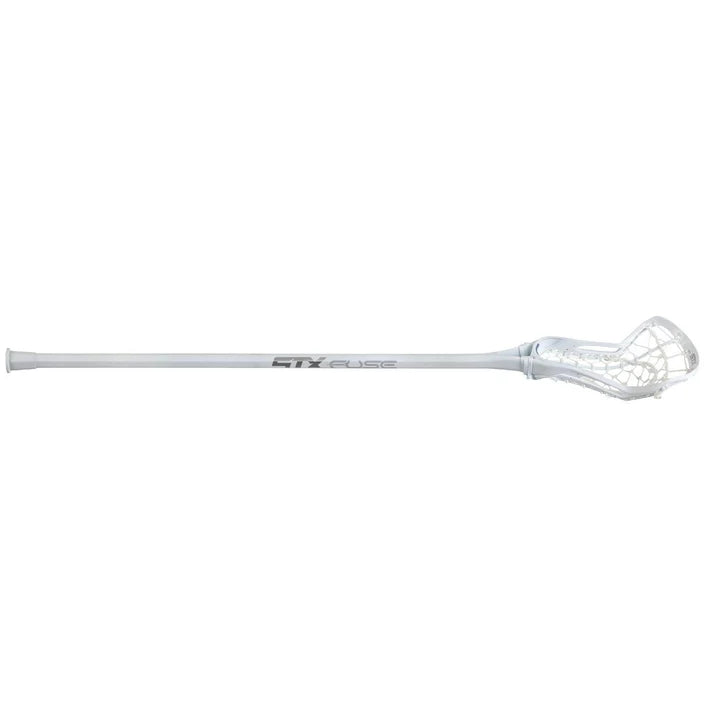 The STX Fuse Women’s One-Piece Lacrosse Stick by STX features a seamless white design with a netted head and straight shaft, displayed against a plain white background.