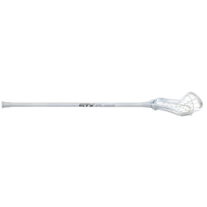 The STX Fuse Women’s One-Piece Lacrosse Stick by STX features a seamless white design with a netted head and straight shaft, displayed against a plain white background.