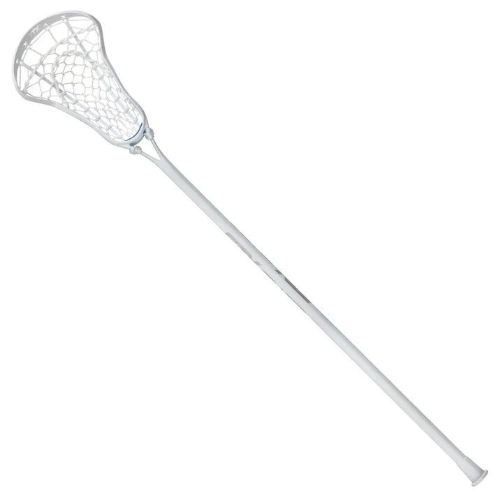 The STX Fuse Women’s One-Piece Lacrosse Stick by STX is shown diagonally on a plain white background, featuring a white shaft and mesh netting at the top in a single-piece design.