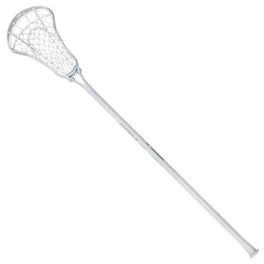 The STX Fuse Women’s One-Piece Lacrosse Stick by STX is shown diagonally on a plain white background, featuring a white shaft and mesh netting at the top in a single-piece design.