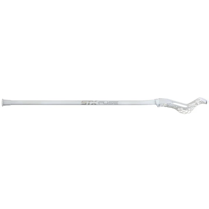 The STX Fuse Women’s One-Piece Lacrosse Stick is white with a netted head and STX branding on the shaft, displayed on a plain white background.