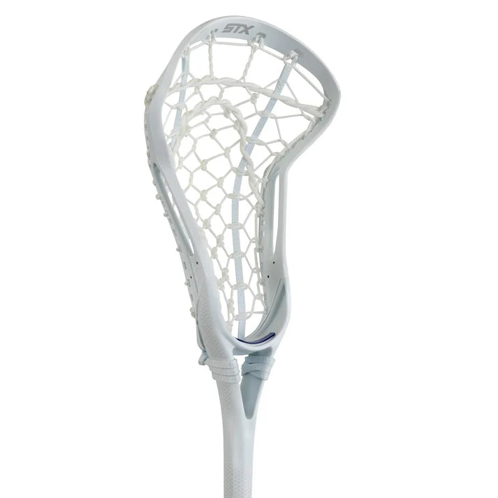 A close-up of the STX Fuse Women’s One-Piece Lacrosse Stick head with a mesh pocket and STX logo, designed for elite offensive players, shown against a plain white background.
