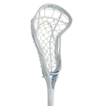 A close-up of the STX Fuse Women’s One-Piece Lacrosse Stick head with a mesh pocket and STX logo, designed for elite offensive players, shown against a plain white background.