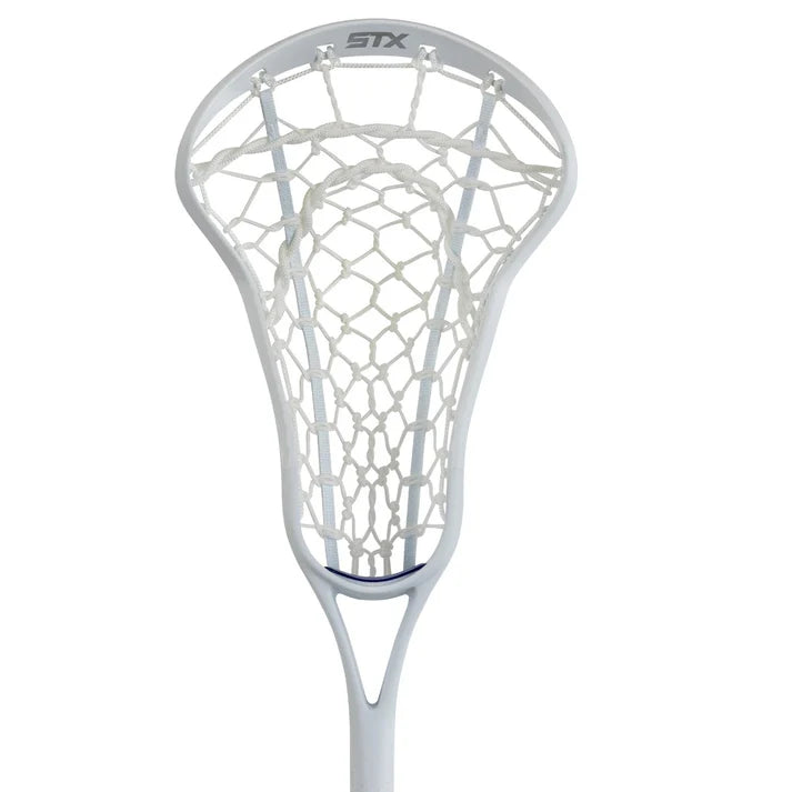 Close-up of the STX Fuse Women’s One-Piece Lacrosse Stick head with white netting, displaying the STX logo—perfect for elite offensive players who want advanced performance.