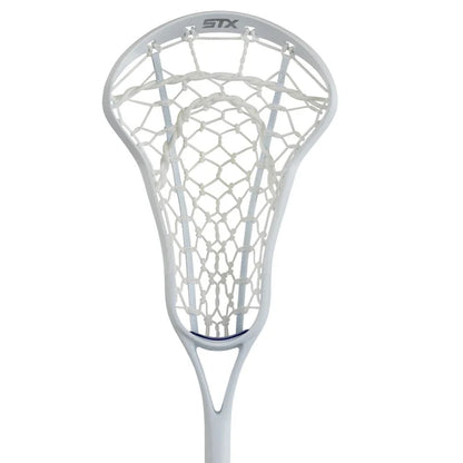 Close-up of the STX Fuse Women’s One-Piece Lacrosse Stick head with white netting, displaying the STX logo—perfect for elite offensive players who want advanced performance.