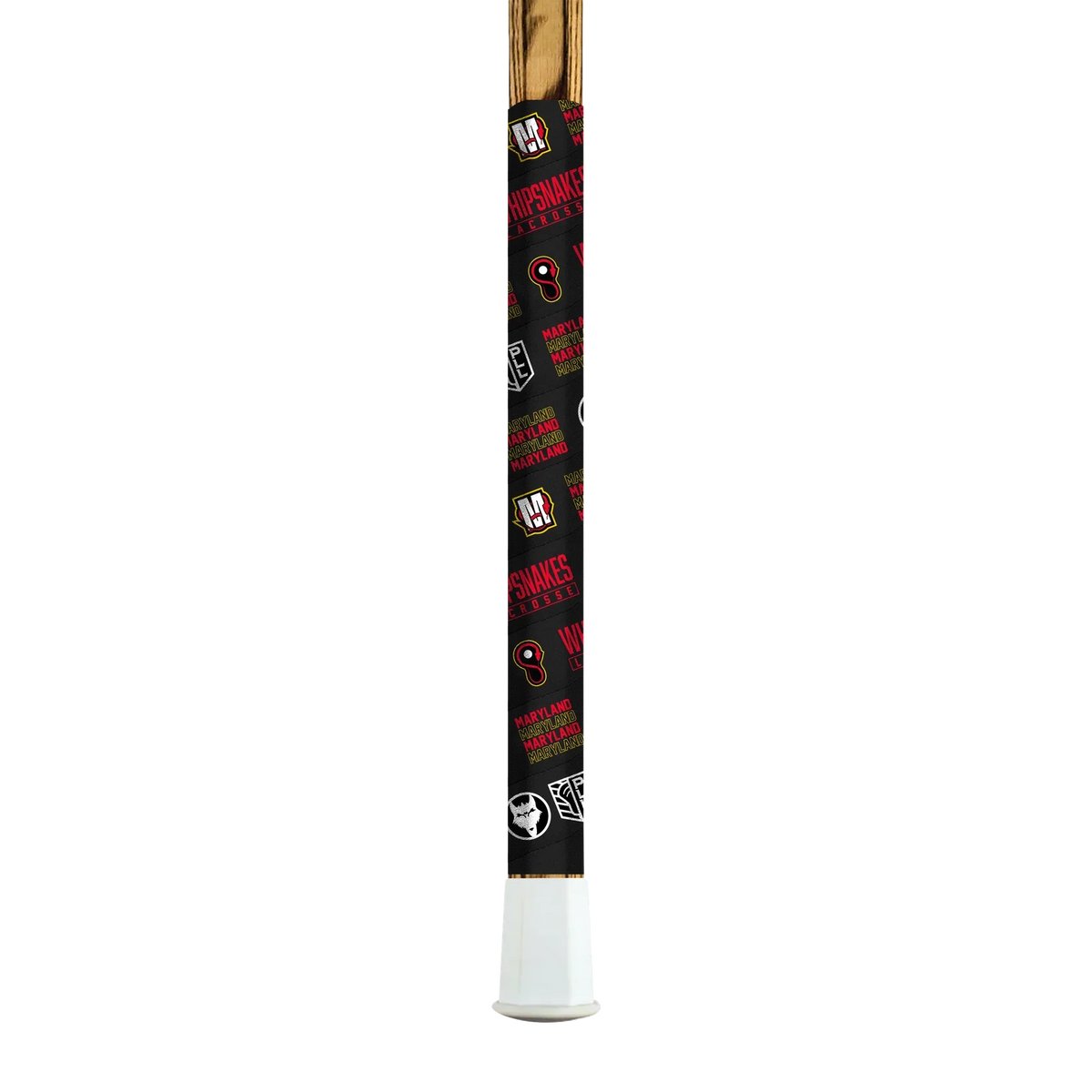 A close-up of a Vukgripz Lacrosse Tape-wrapped baseball bat handle by Vukgripz, featuring black and red grip tape with logos and phrases, a white knob at the end, and superior grip technology against a plain white background.