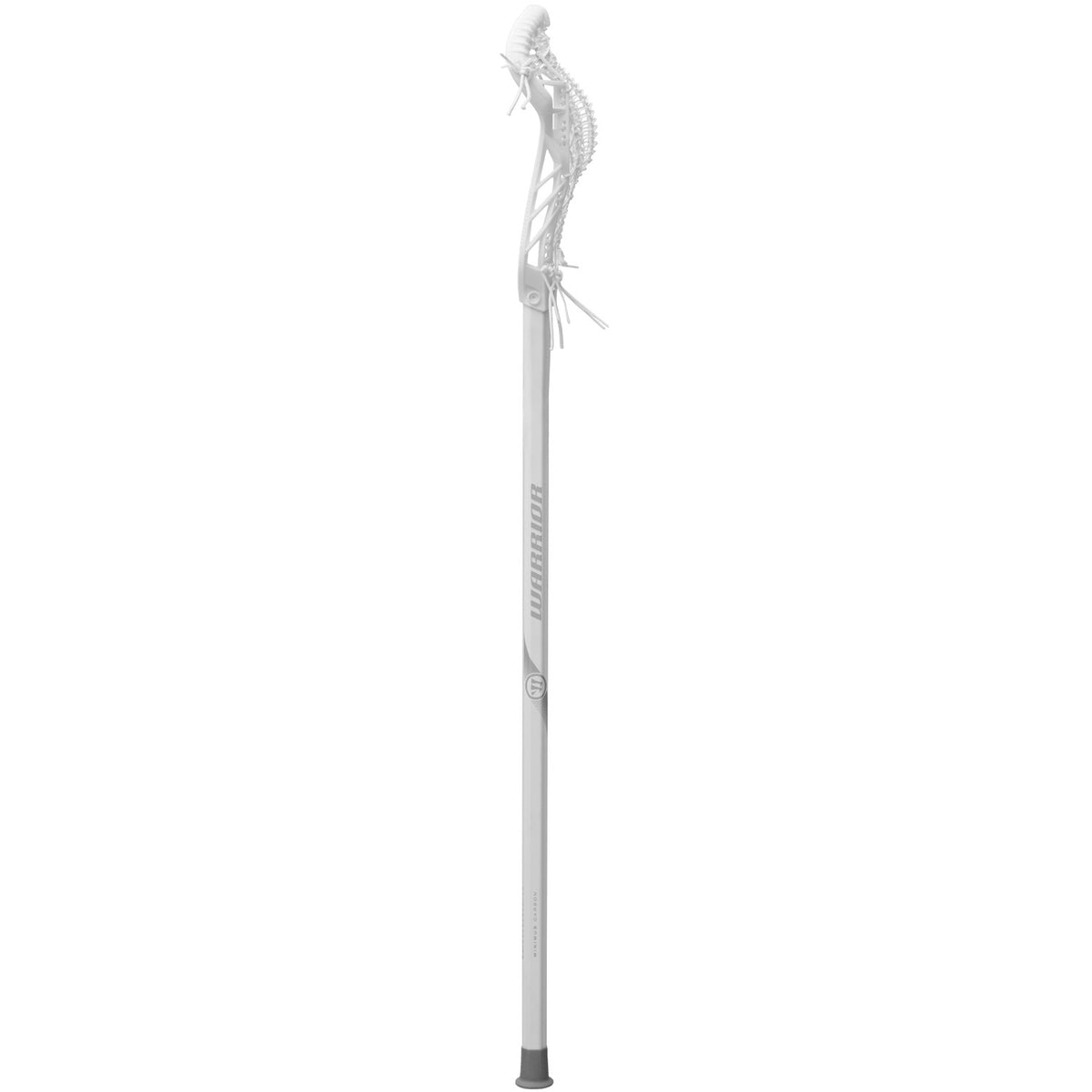 Side view of the white Warrior Anthem DS Elite women's complete lacrosse stick on a Minimus Carbon shaft