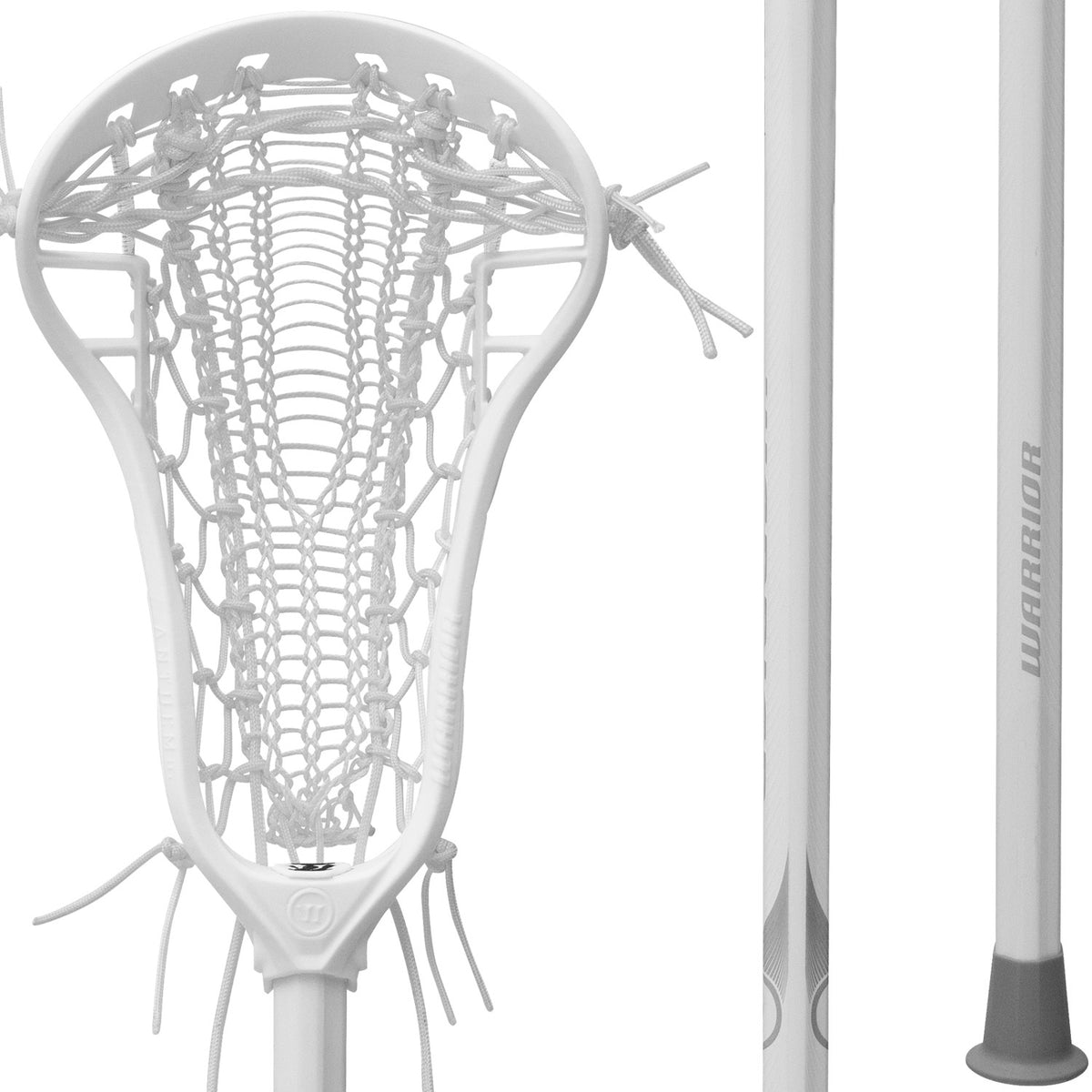 Warrior Anthem DS head face strung with white Valkyrie Armour mesh runner pocket on a white Minimus Carbon shaft