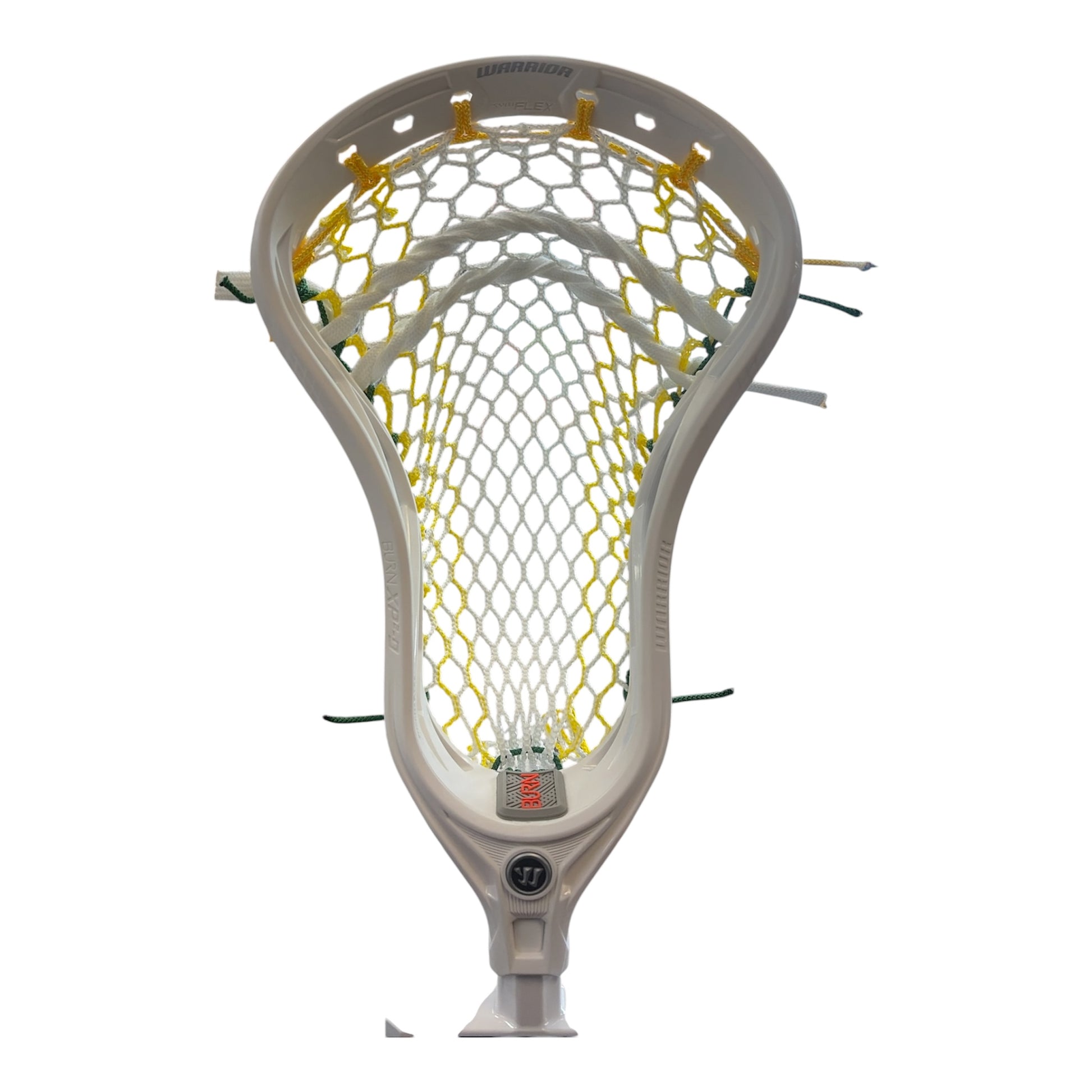 Warrior Burn XP2-D Lacrosse Head pre-strung with ECD Hero semi-soft Yellow Striker mesh and green sidewall - Sanderson Lacrosse