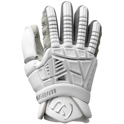 Warrior Evo V 2026 lacrosse goalie glove in white and grey, backhand view with Knuckle+ padding and Warrior W cuff logo