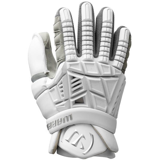 Warrior Evo V 2026 lacrosse goalie glove in white and grey, backhand view with Knuckle+ padding and Warrior W cuff logo