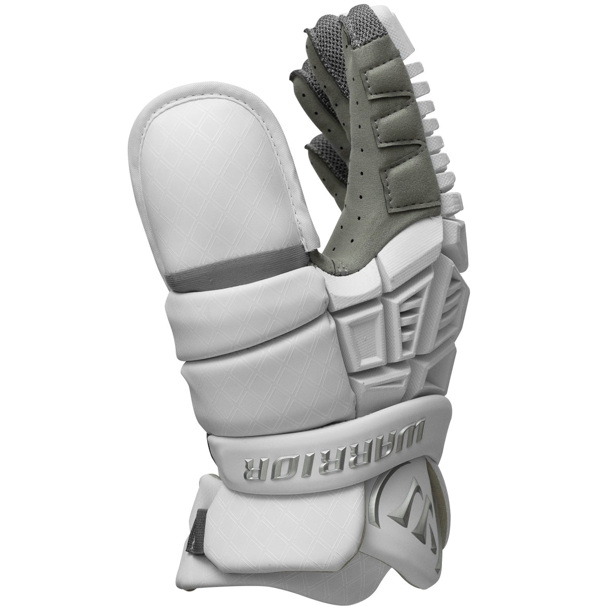 Warrior Evo V 2026 lacrosse goalie glove angled to show the padded goalie thumb and simplified cuff