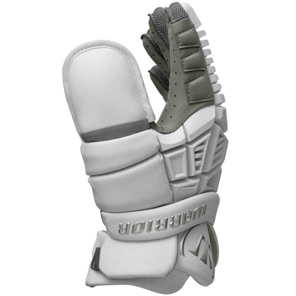 Warrior Evo V 2026 lacrosse goalie glove angled to show the padded goalie thumb and simplified cuff