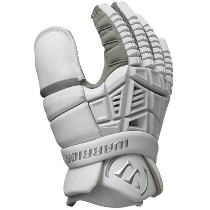 Side view of the white Warrior Evo V 2026 goalie glove showing the large reinforced Lock Thumb+ goalie thumb