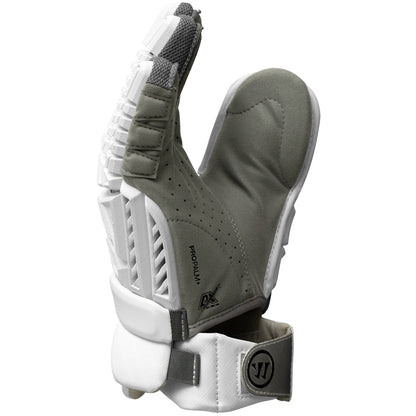 Thumb-side profile of the Warrior Evo V 2026 goalie glove with grey palm and Warrior cuff strap