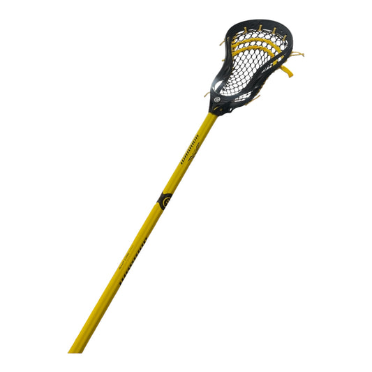 Warrior Evo V black head with black mesh and yellow shooters on a yellow Warrior Evo V Alloy Core shaft, angled view