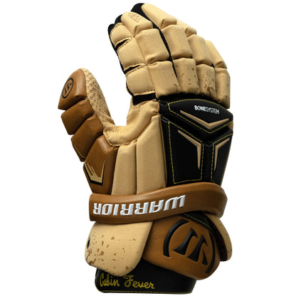 Warrior Franchise Cabin Fever lacrosse glove in tan, back of hand angled view with Bone System plates