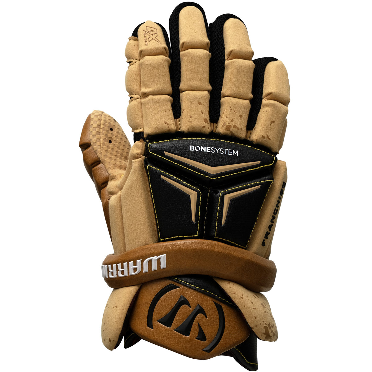 Warrior Franchise Cabin Fever lacrosse glove in tan and black, straight back-of-hand view