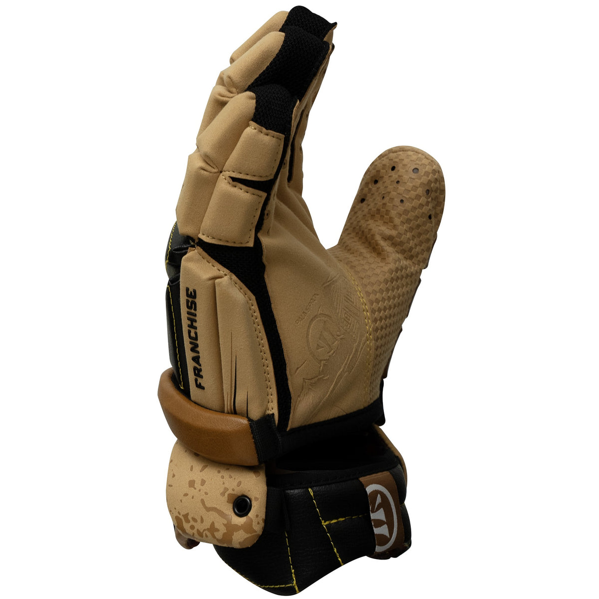 Warrior Franchise Cabin Fever lacrosse glove pinky-side view, tan with speckled finish