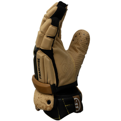 Warrior Franchise Cabin Fever lacrosse glove pinky-side view, tan with speckled finish