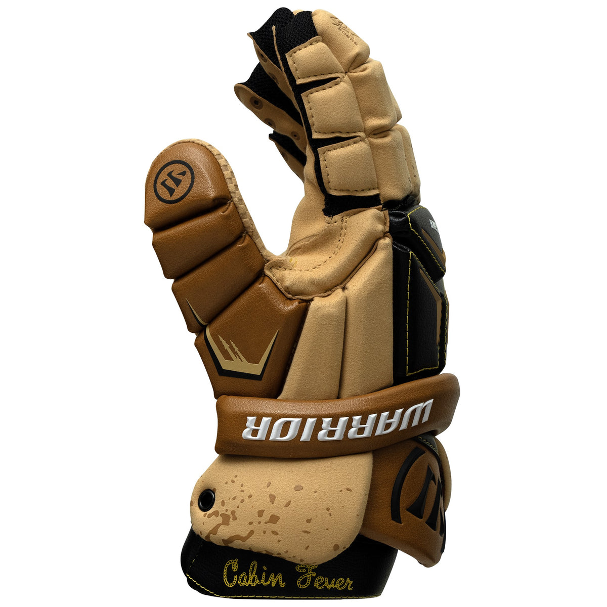 Warrior Franchise Cabin Fever lacrosse glove thumb-side view showing tan cuff and Cabin Fever script