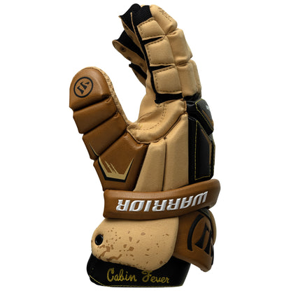 Warrior Franchise Cabin Fever lacrosse glove thumb-side view showing tan cuff and Cabin Fever script