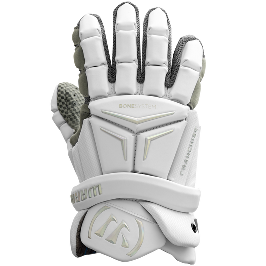 Warrior Franchise FG5 lacrosse glove in white with BoneSystem padding, front view
