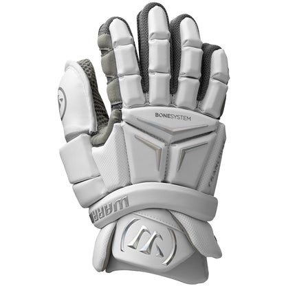 Warrior Franchise 2026 field lacrosse goalie glove in white, backhand view with Knuckle+ padding and Warrior W cuff logo