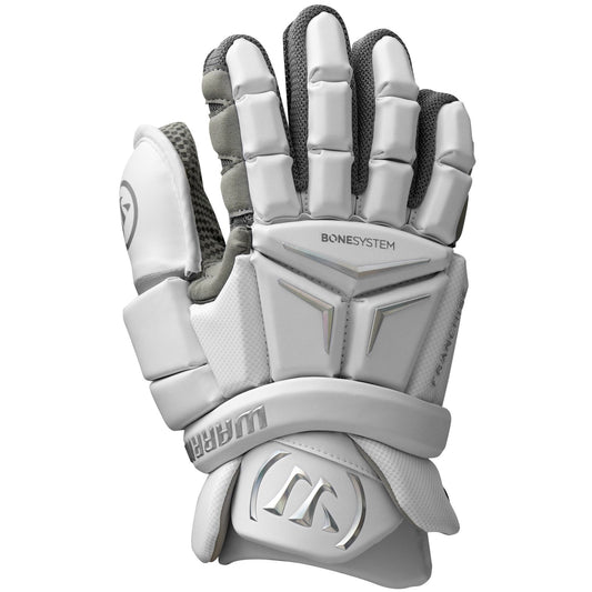 Warrior Franchise 2026 field lacrosse goalie glove in white, backhand view with Knuckle+ padding and Warrior W cuff logo