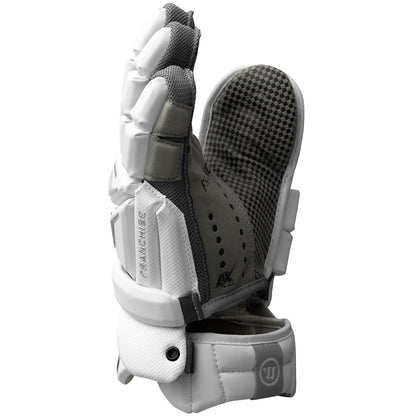 Angled palm view of the Warrior Franchise field goalie glove with perforated grey palm and pinky protection