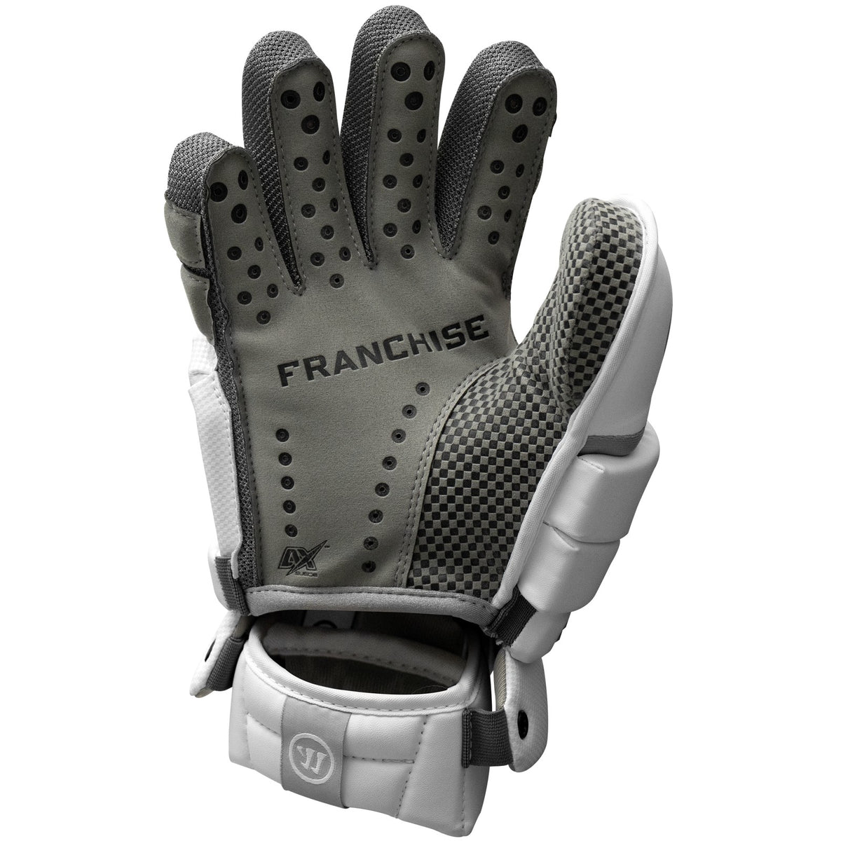 Palm of the Warrior Franchise 2026 goalie glove showing the thin grey Authentic Pro Palm+ with Franchise branding