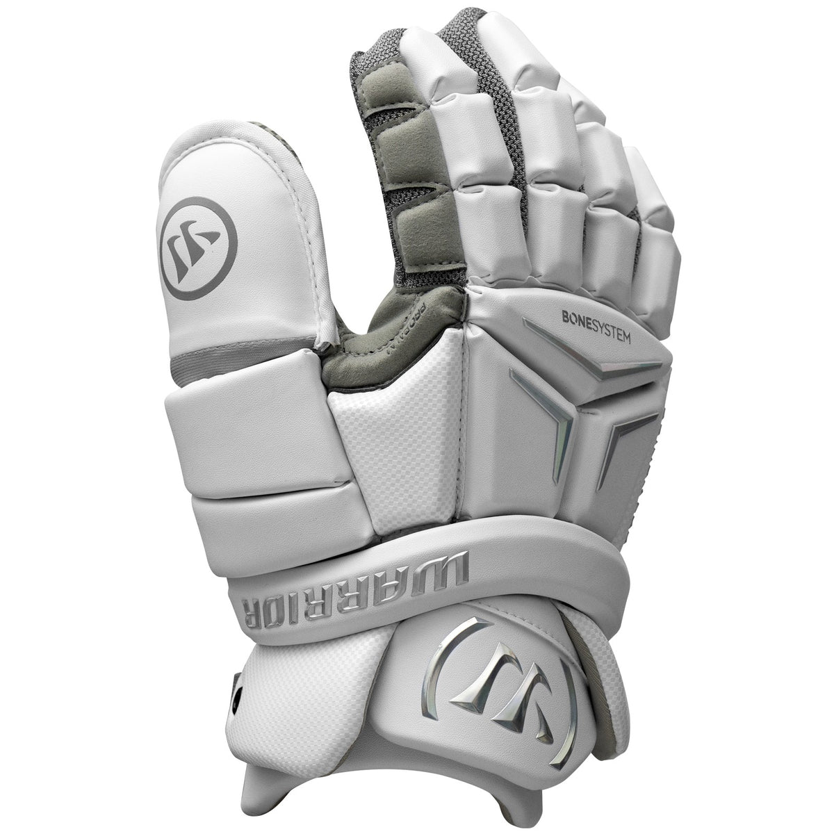 Thumb side of the white Warrior Franchise field goalie glove showing the reinforced Lock Thumb+