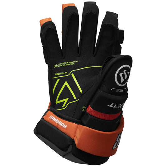 Warrior Alpha LX3T junior hockey gloves in Orangeville Flyers black and orange